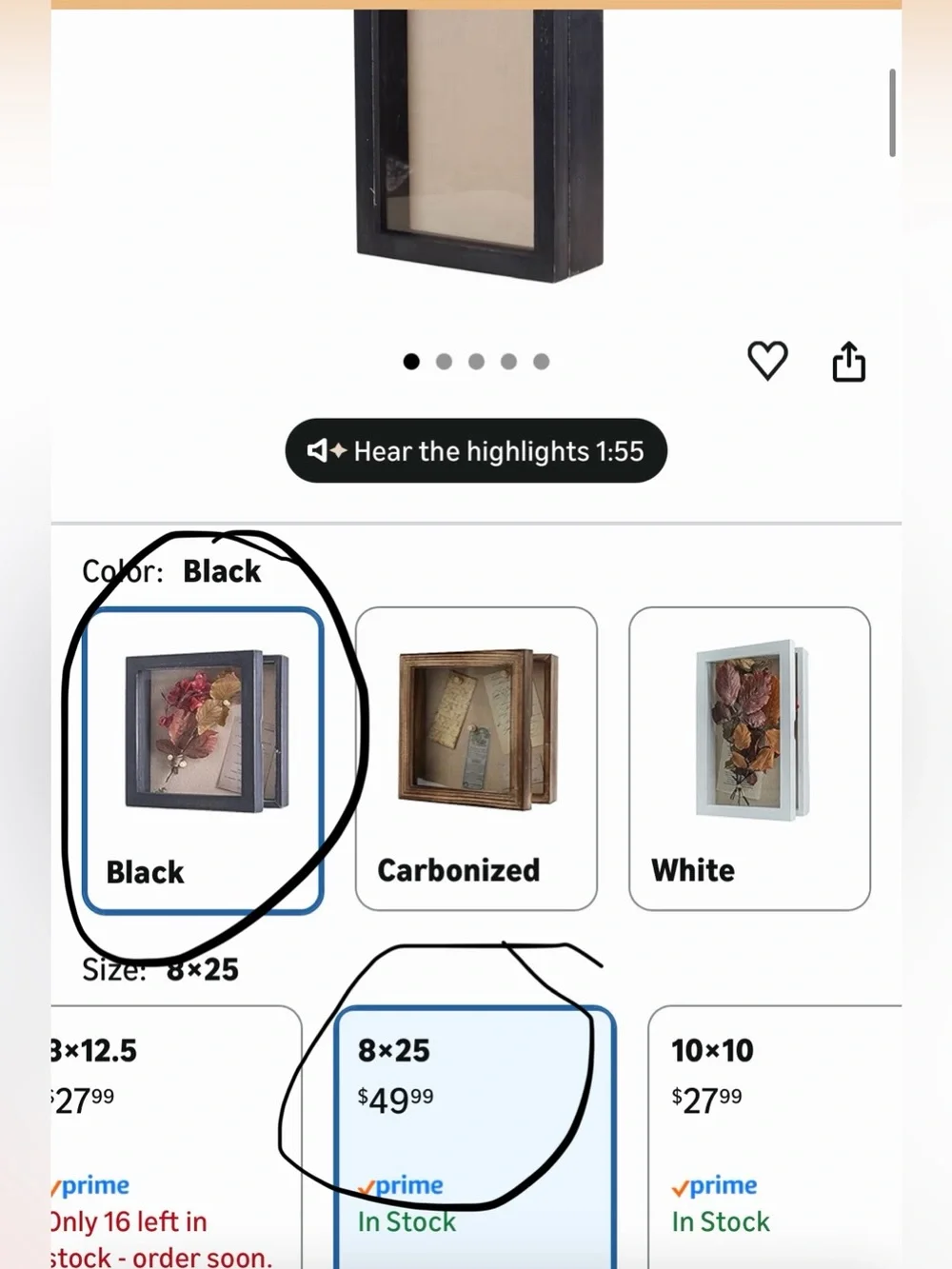 Tall Narrow Shadow Box Display Frame in Black and Beige